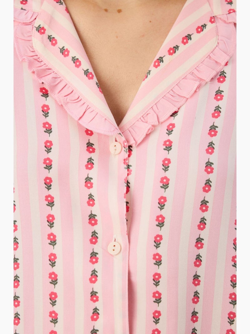 Conjunto de pijama con camisa, pantalón, volantes y manga larga, flores claras penti Rojo/Rosa - Kiabi