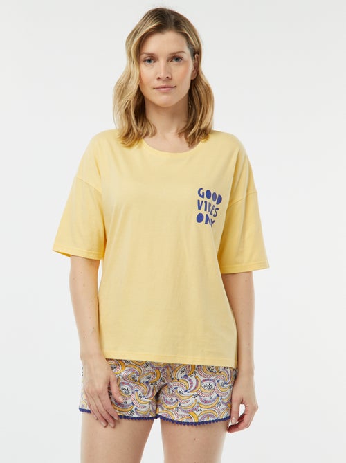 Conjunto de pijama con camiseta con mensaje + pantalón corto estampado - Kiabi