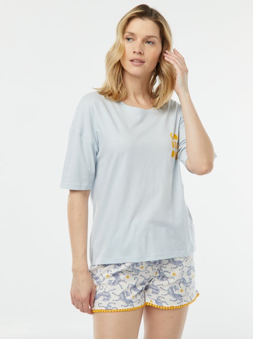 Conjunto de pijama con camiseta con mensaje + pantalón corto estampado - Kiabi