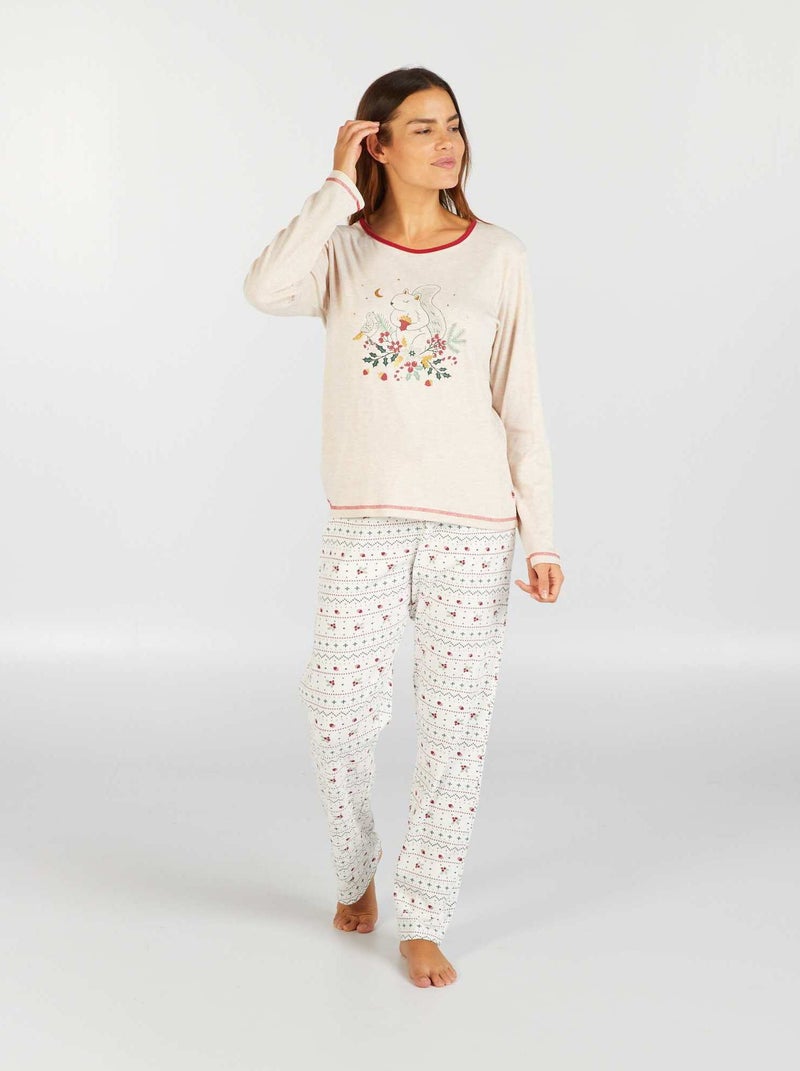Conjunto de pijama con camiseta + pantalón - 2 piezas beige/blanco - Kiabi