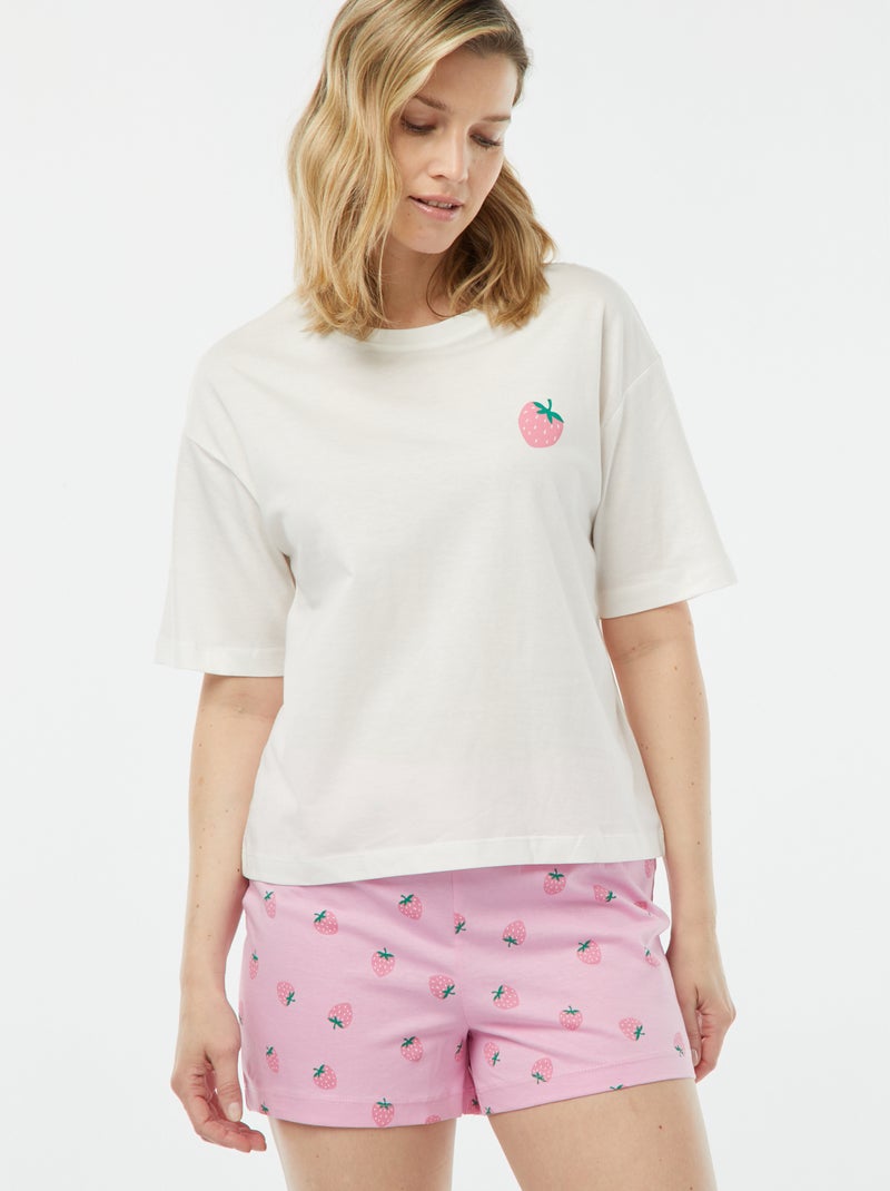 Conjunto de pijama con camiseta + pantalón corto estampado ROSA - Kiabi
