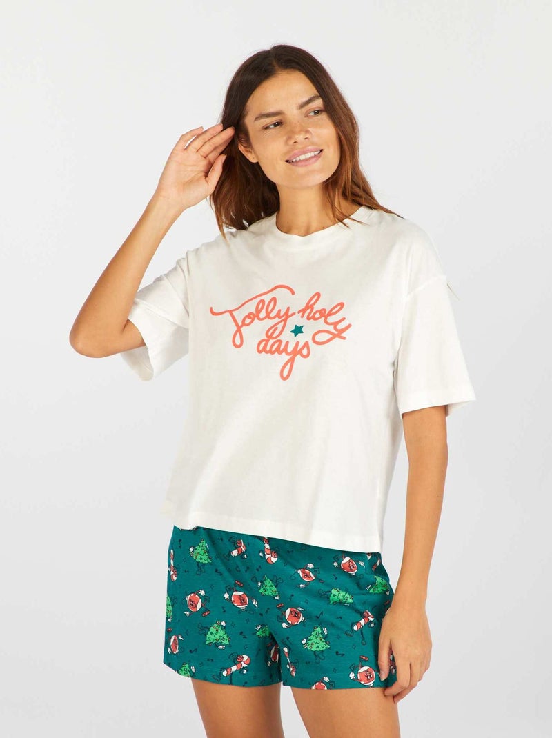 Conjunto de pijama con camiseta + pantalón corto navideño - 2 piezas BLANCO - Kiabi