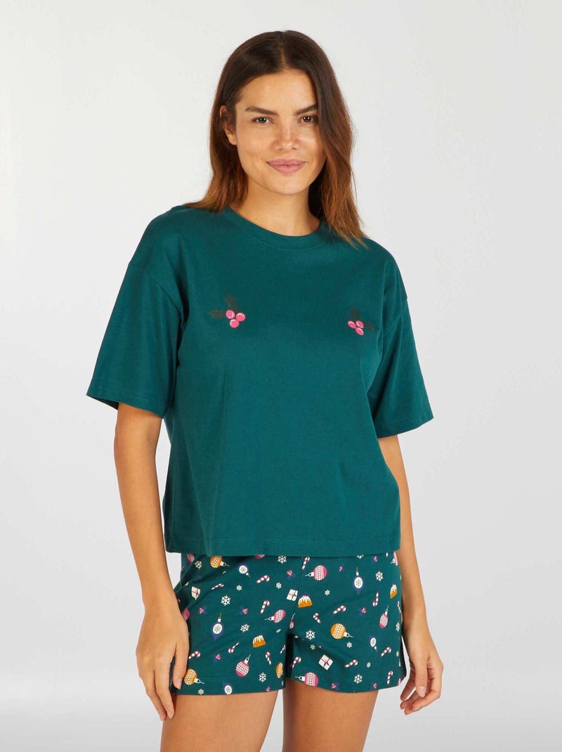 Conjunto de pijama con camiseta + pantalón corto navideño - 2 piezas VERDE - Kiabi