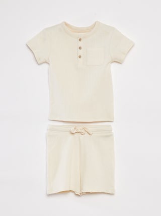 Conjunto de pijama corto con camiseta + short de punto gofrado - 2 piezas