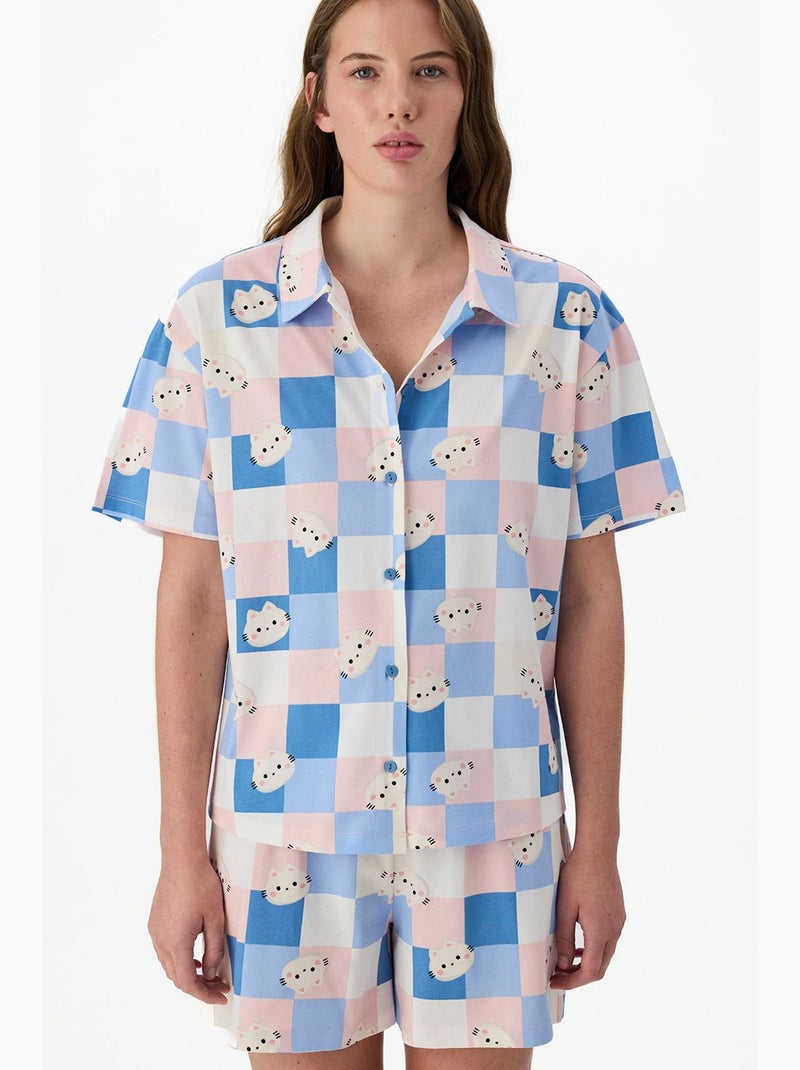Conjunto de pijama cuteness de cuadros con camisa de manga corta y short penti Azul Rosa Blanco - Kiabi