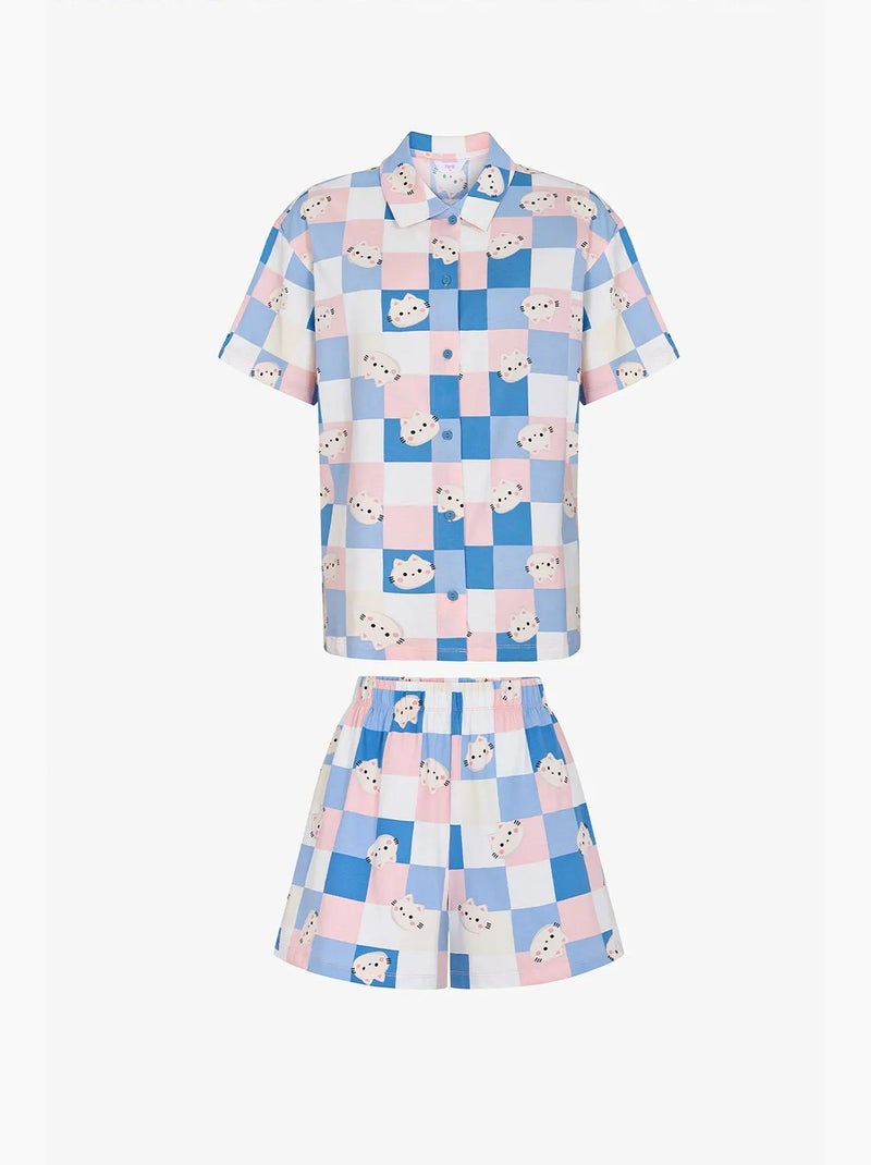 Conjunto de pijama cuteness de cuadros con camisa de manga corta y short penti Azul Rosa Blanco - Kiabi