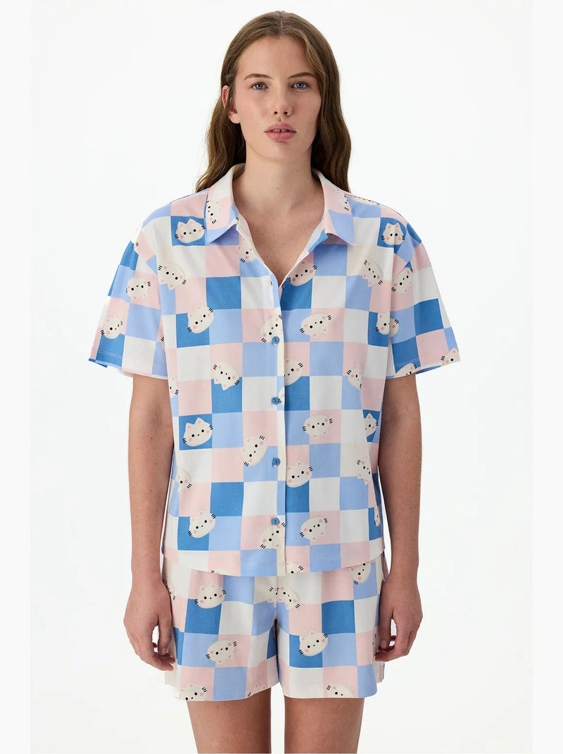 Conjunto de pijama cuteness de cuadros con camisa de manga corta y short penti Azul Rosa Blanco - Kiabi