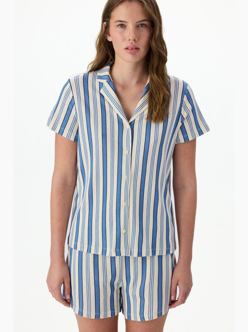 Conjunto de pijama de rayas en pointelle con camisa de manga corta y shorts penti Blanco Azul - Kiabi