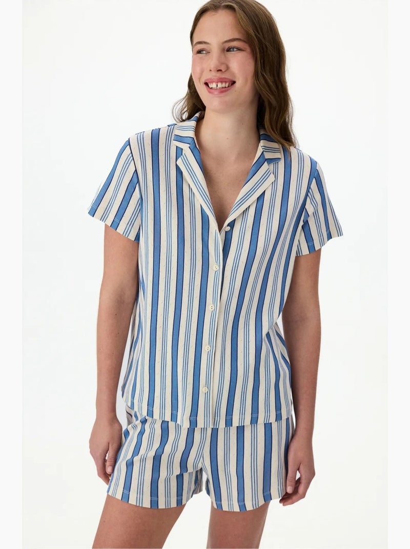 Conjunto de pijama de rayas en pointelle con camisa de manga corta y shorts penti Blanco Azul - Kiabi