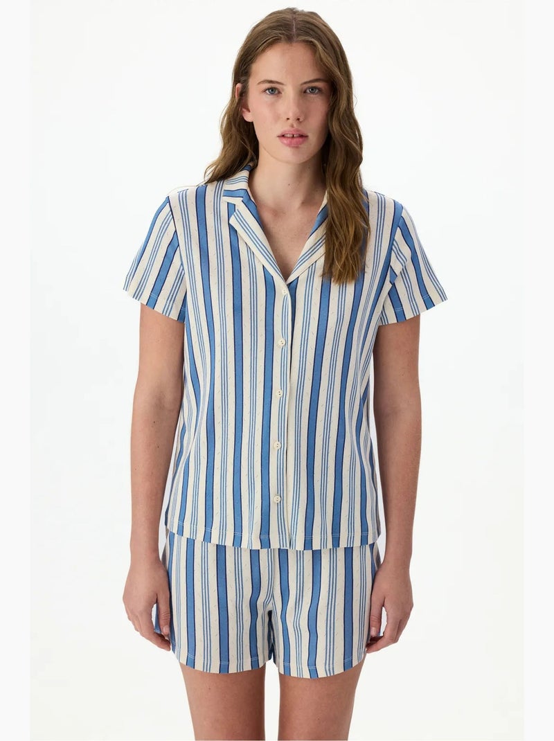 Conjunto de pijama de rayas en pointelle con camisa de manga corta y shorts penti Blanco Azul - Kiabi