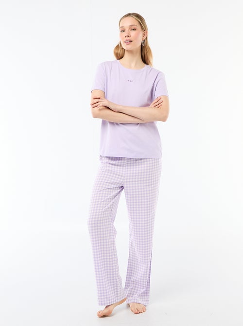Conjunto de pijama largo camiseta + pantalón a cuadros - 2 piezas - Kiabi