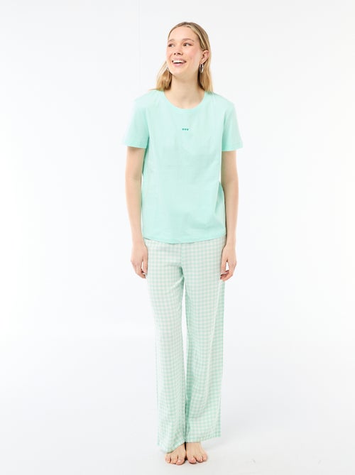 Conjunto de pijama largo camiseta + pantalón a cuadros - 2 piezas - Kiabi
