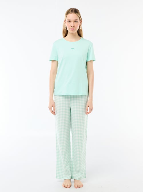 Conjunto de pijama largo camiseta + pantalón a cuadros - 2 piezas - Kiabi