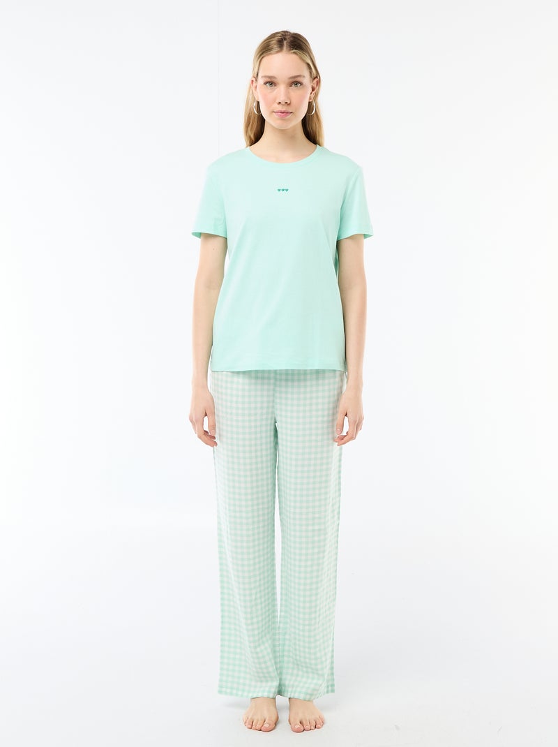 Conjunto de pijama largo camiseta + pantalón a cuadros - 2 piezas Verde - Kiabi
