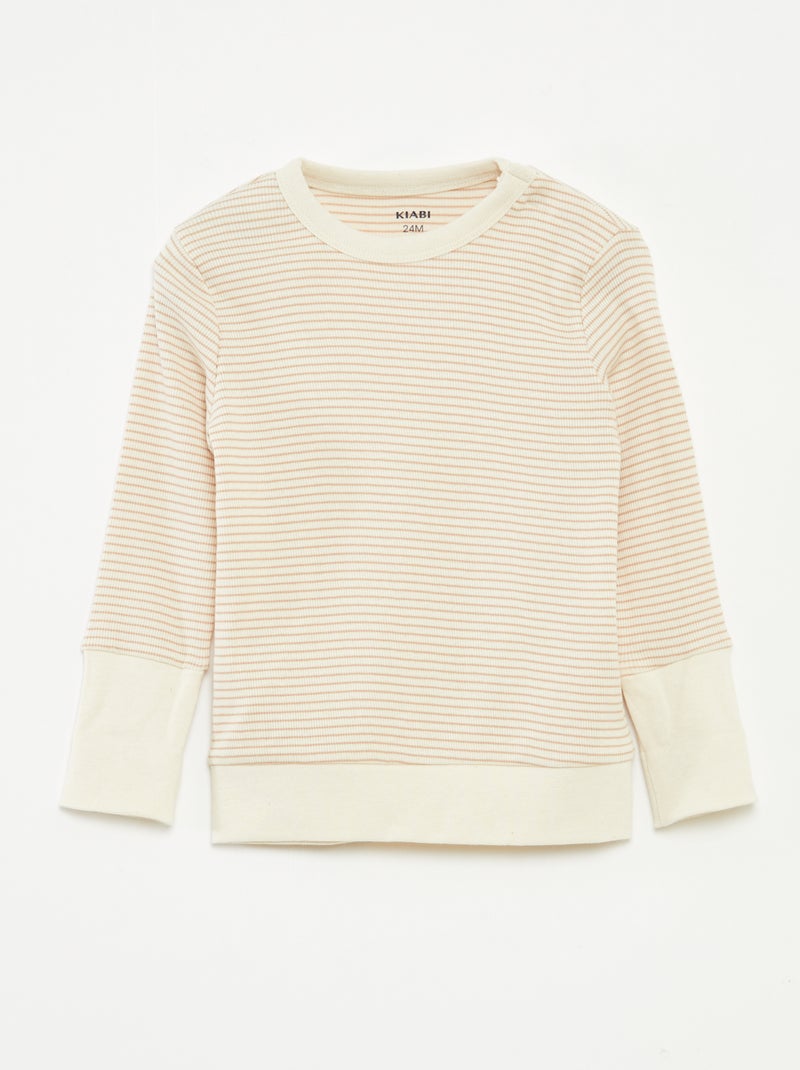 Conjunto de pijama largo camiseta + pantalón a rayas - 2 piezas Beige - Kiabi