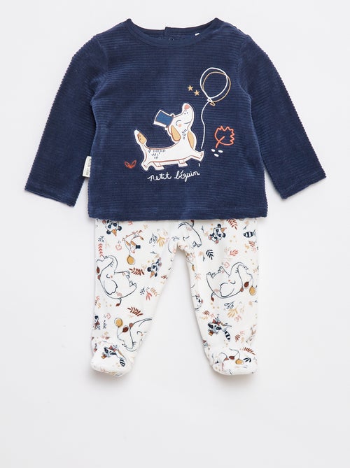 Conjunto de pijama largo camiseta + pantalón con pies de tejido polar - 2 piezas - Kiabi