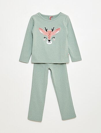 Conjunto de pijama largo en material suave y acanalado camiseta + pantalón - 2 piezas