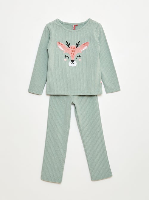 Conjunto de pijama largo en material suave y acanalado camiseta + pantalón - 2 piezas - Kiabi