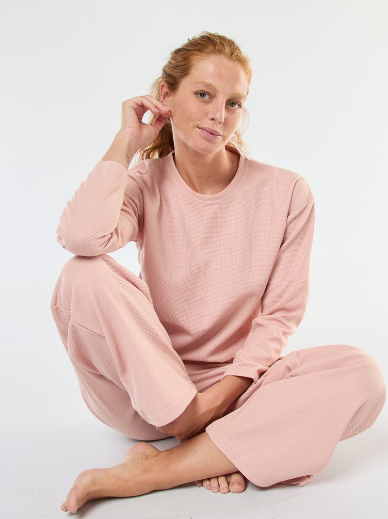 Conjunto de pijama largo en punto gofrado - 2 piezas Rosa - Kiabi