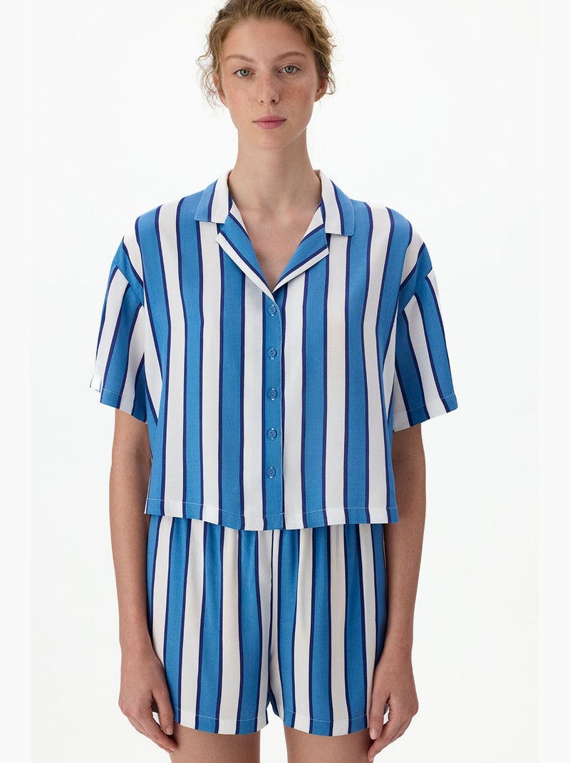 Conjunto de pijama vacation a rayas con camisa de manga corta y short penti Blanco Azul - Kiabi