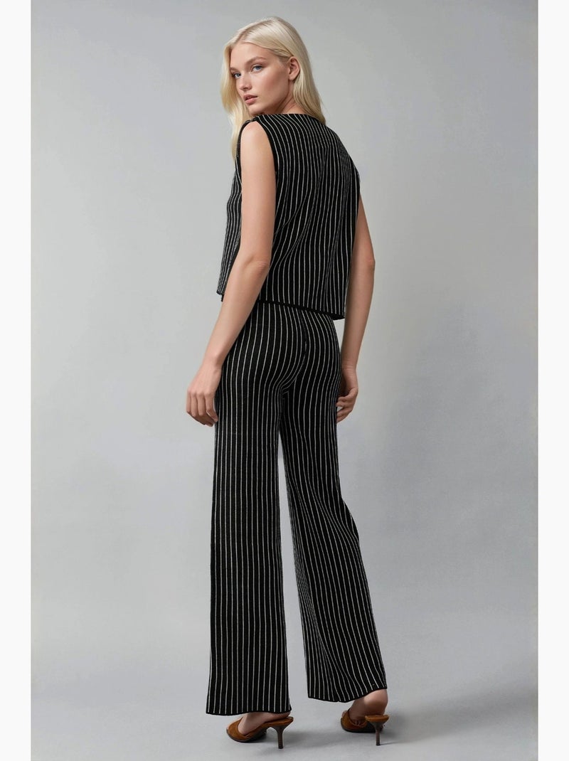 Conjunto de punto a rayas ajustado con escote en v y pantalones de pierna ancha de my fashion Negro - Kiabi