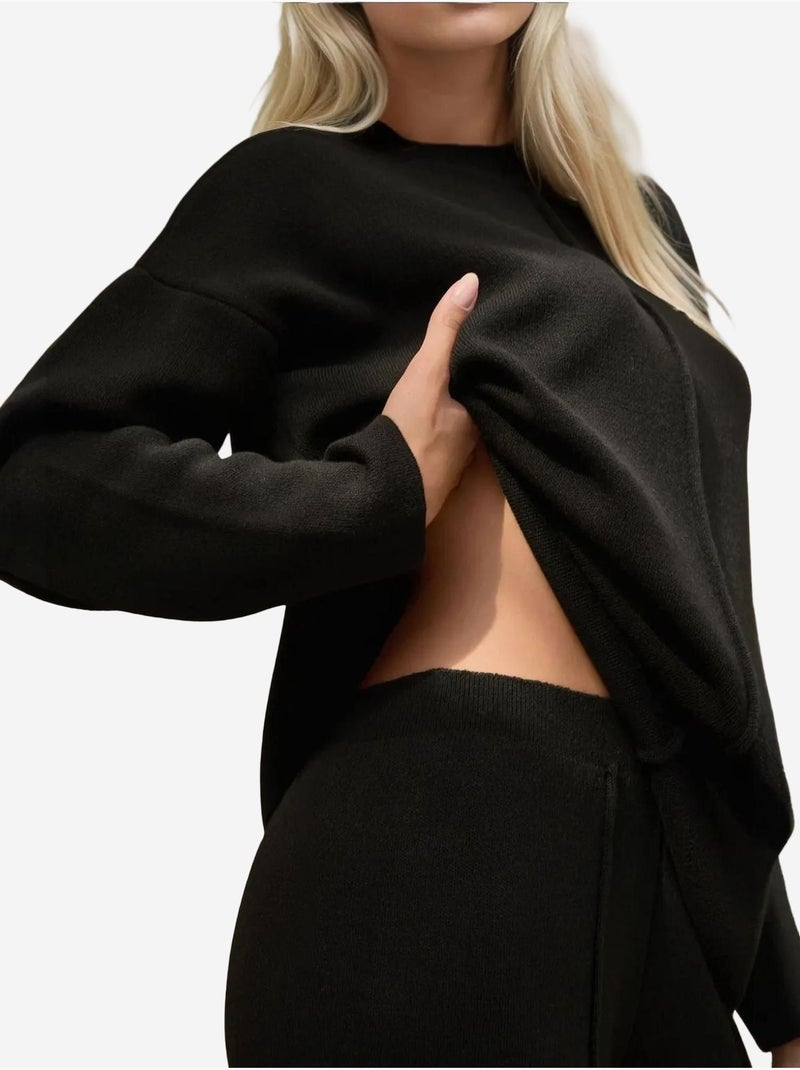 Conjunto de punto de cintura alta y pierna ancha hiccup Negro - Kiabi