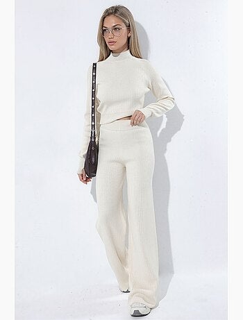 Conjunto de punto de suéter crop de media cuello alto y pantalón hiccup