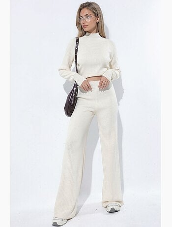 Conjunto de punto de suéter crop de media cuello alto y pantalón hiccup