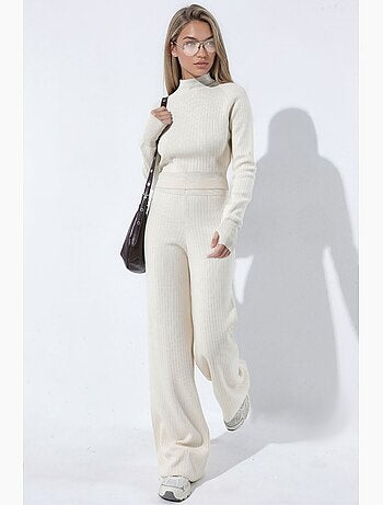 Conjunto de punto de suéter crop de media cuello alto y pantalón hiccup