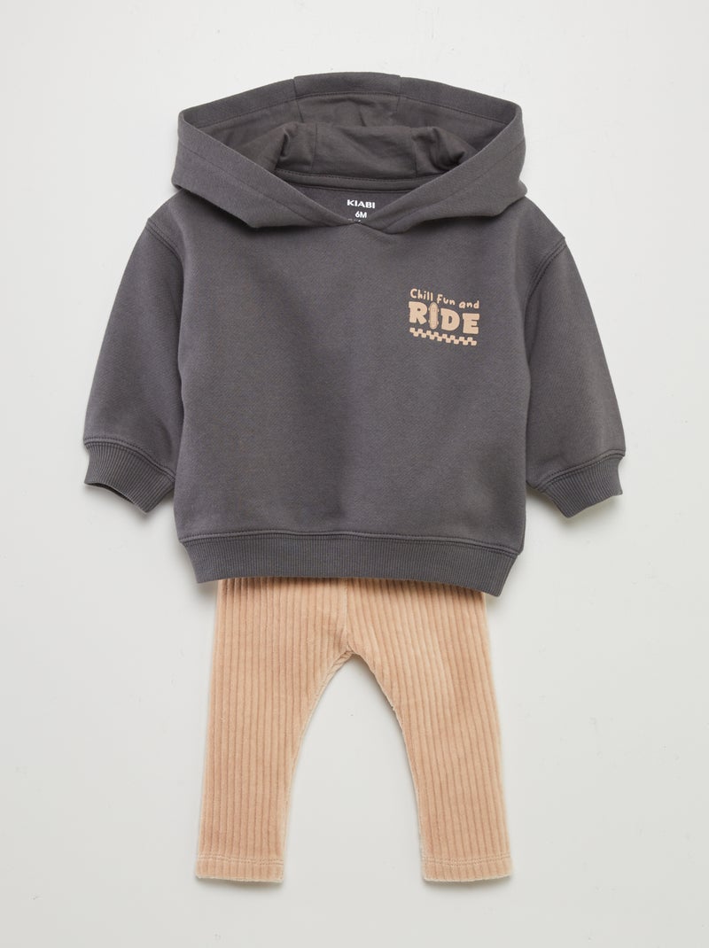 Conjunto de sudadera con capucha + pantalón de terciopelo  - 2 piezas GRIS - Kiabi