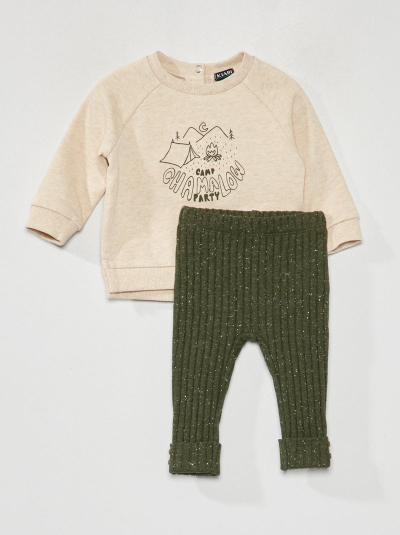 Conjunto de sudadera estampada + legging de canalé BEIGE - Kiabi