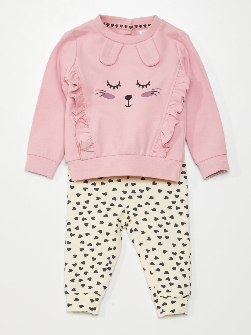 Conjunto de sudadera + pantalón - 2 piezas rosa/beige - Kiabi
