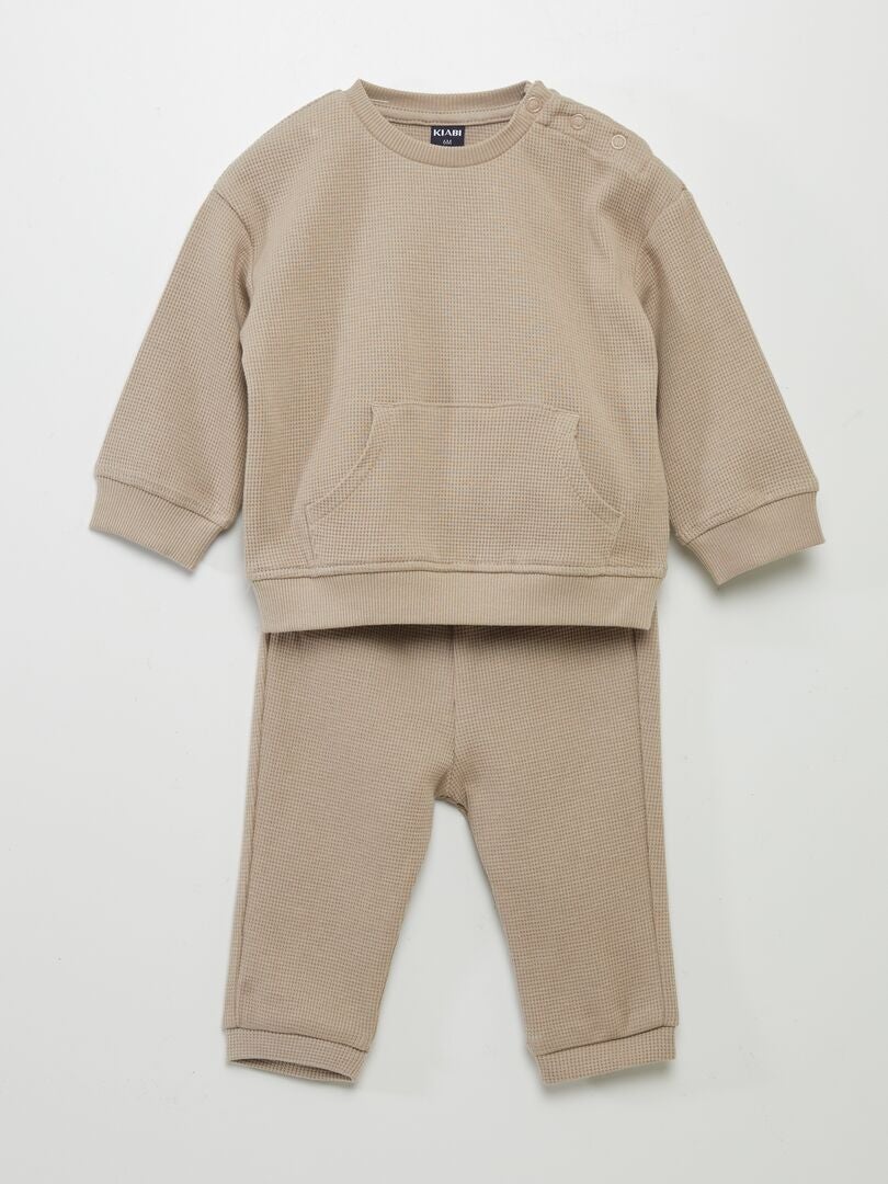 Conjunto de sudadera + pantalón de nido de abeja - 2 piezas beige - Kiabi