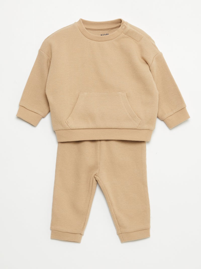 Conjunto de sudadera + pantalón de nido de abeja - 2 piezas Beige - Kiabi