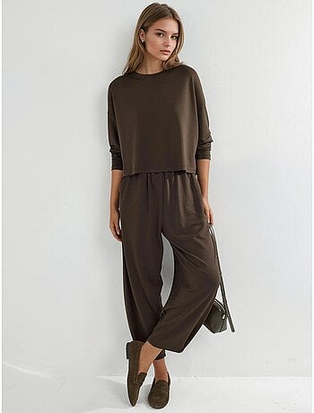 Conjunto de suéter de cuello redondo extragrande y pantalones elásticos hiccup