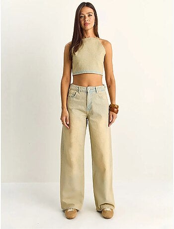Conjunto de top halter de denim de talle alto y pantalones de pernera ancha lucci