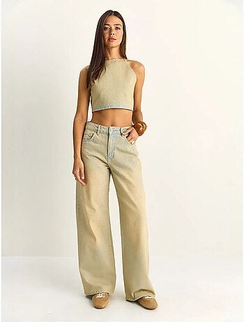 Conjunto de top halter de denim de talle alto y pantalones de pernera ancha lucci