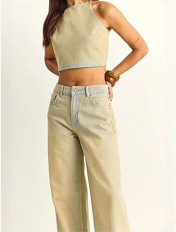 Conjunto de top halter de denim de talle alto y pantalones de pernera ancha lucci