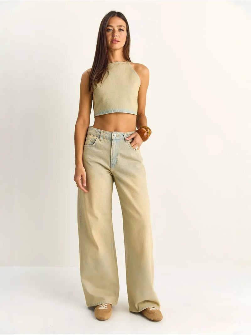 Conjunto de top halter de denim de talle alto y pantalones de pernera ancha lucci Beige arcilla - Kiabi