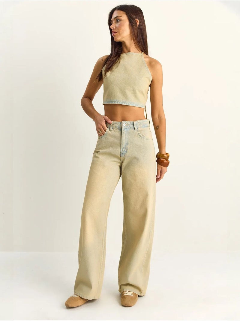 Conjunto de top halter de denim de talle alto y pantalones de pernera ancha lucci Beige arcilla - Kiabi