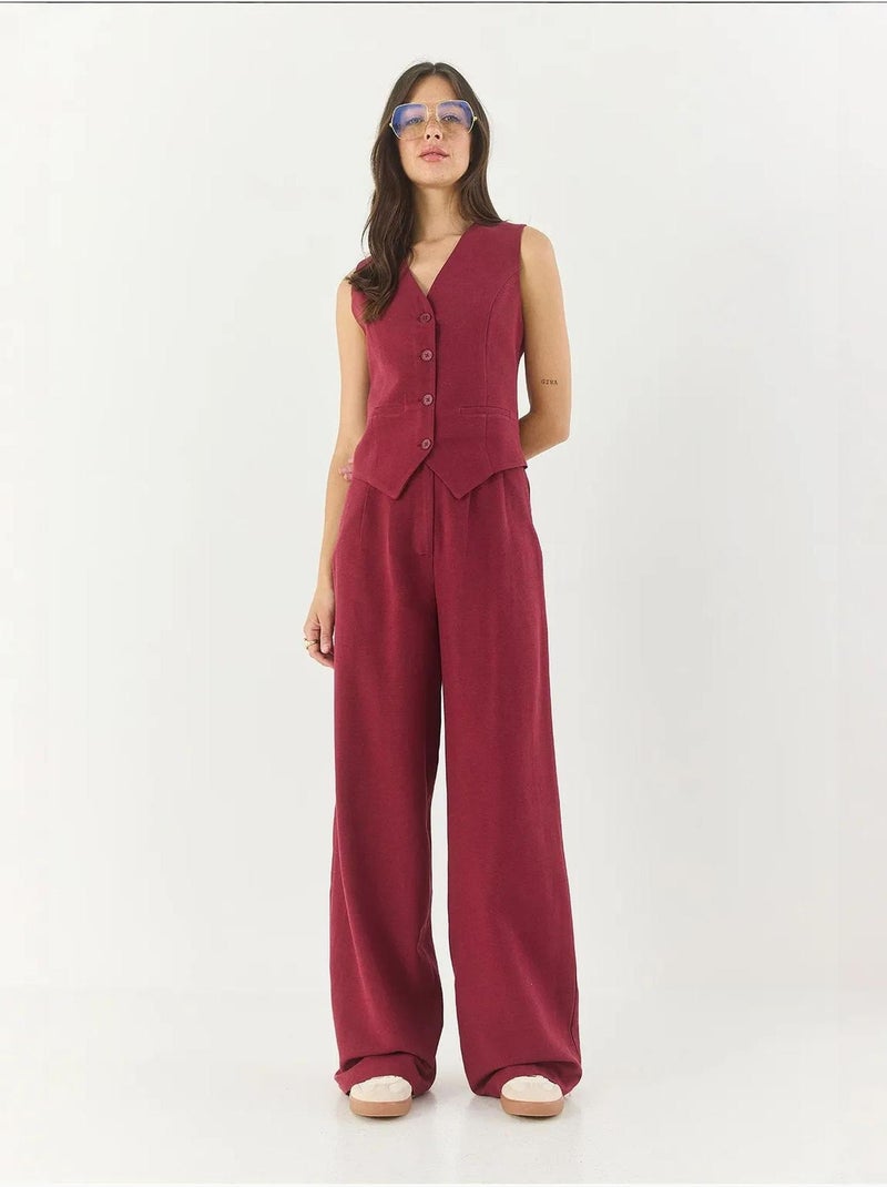 Conjunto de tres piezas con pantalón de cintura alta, chaleco y forro lucci Rojo burdeos - Kiabi