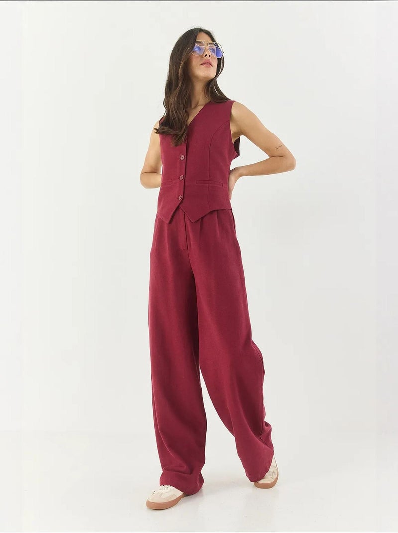 Conjunto de tres piezas con pantalón de cintura alta, chaleco y forro lucci Rojo burdeos - Kiabi