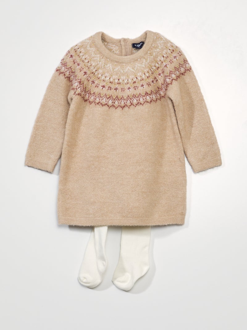 Conjunto de vestido jacquard + leotardos BEIGE - Kiabi