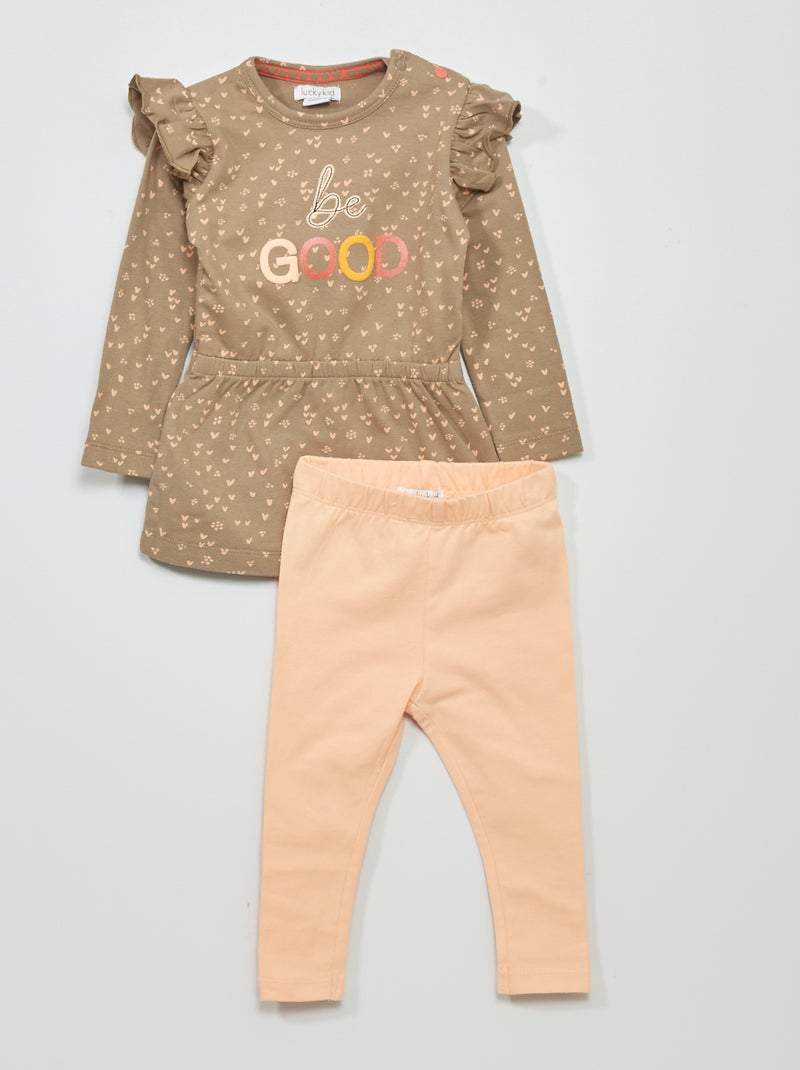 Conjunto de vestido + legging - 2 piezas caqui/rosa - Kiabi