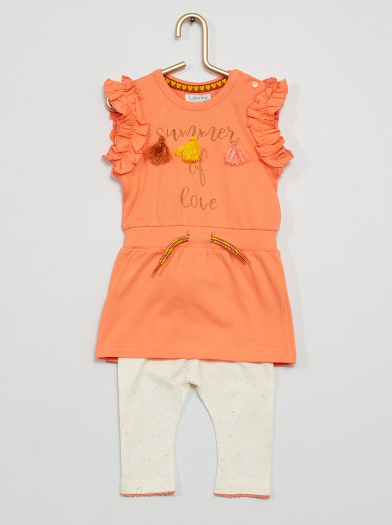 Conjunto de vestido tipo sudadera + legging rosa/blanco - Kiabi