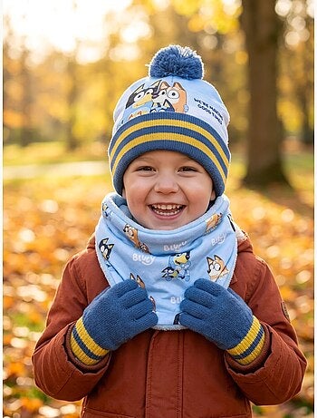 Conjunto gorro con pompón, guantes y bufanda tubular bluey bbc studios