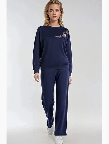 Conjunto largo de dos piezas con cuello redondo bordado y pantalones de pierna ancha hiccup