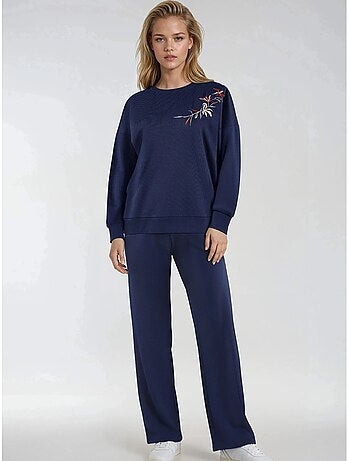 Conjunto largo de dos piezas con cuello redondo bordado y pantalones de pierna ancha hiccup