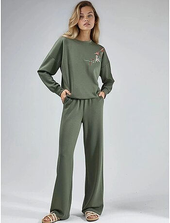 Conjunto largo de dos piezas con cuello redondo bordado y pantalones de pierna ancha hiccup