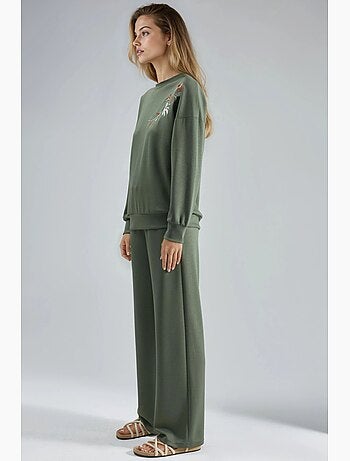 Conjunto largo de dos piezas con cuello redondo bordado y pantalones de pierna ancha hiccup